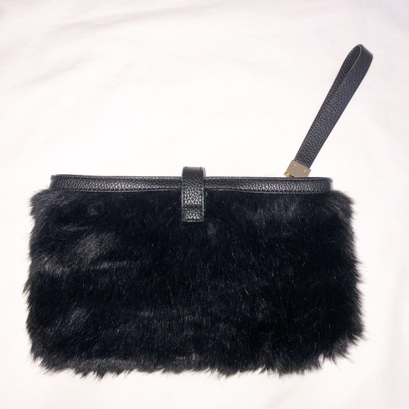 Ann Taylor Clutch Bag Faux Fur Vegan Leather Black Gold Wristlet Evening Bag - Picture 2 of 7